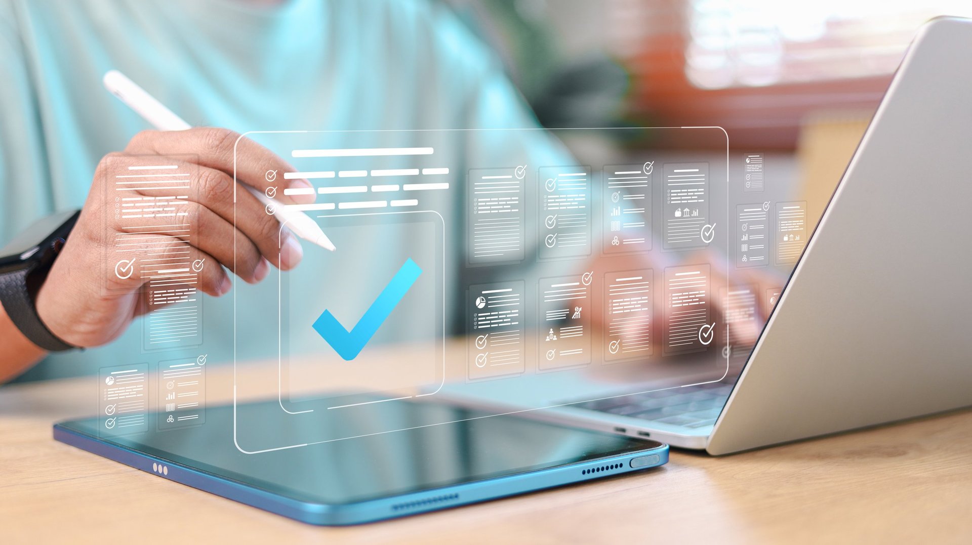 Businessman approving digital documents